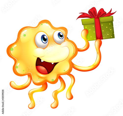 A monster holding a gift with a red ribbon