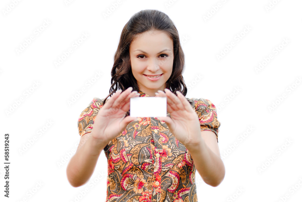 Young beautiful woman holding business card Young beautiful woman holding business card