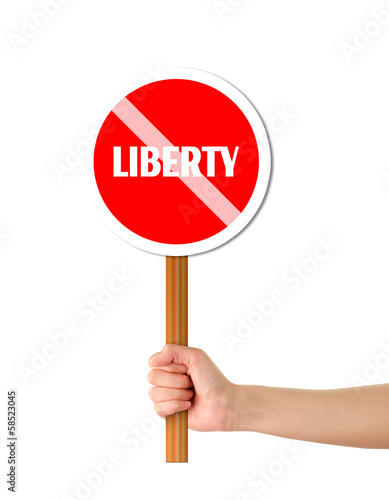 Hand holding liberty red sign