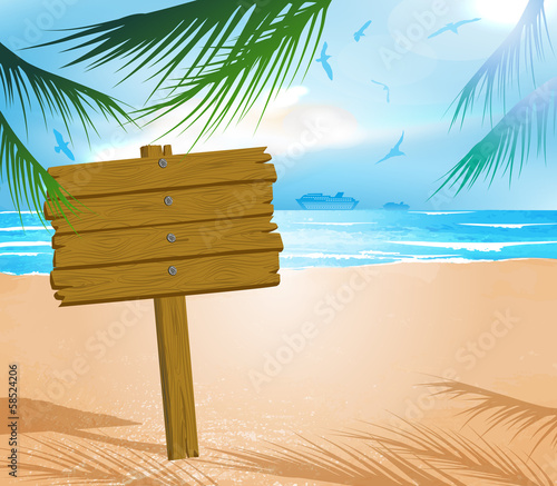 wooden signboard on idealistic tropical beach