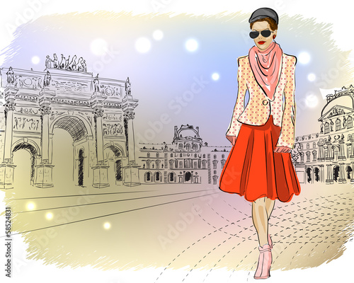 Canvas Print Elegant Fashion girl in Paris