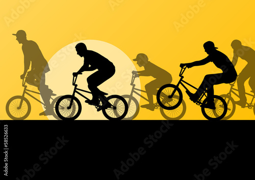 Extreme cyclist young active sport silhouettes vector background