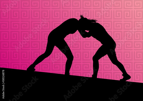 Greek roman wrestling active young women sport silhouettes vecto
