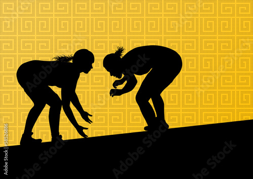 Greek roman wrestling active young women sport silhouettes vecto