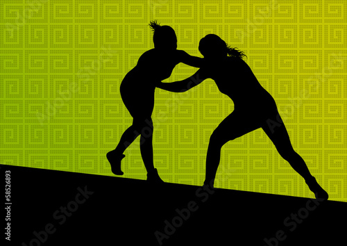 Greek roman wrestling active young women sport silhouettes vecto