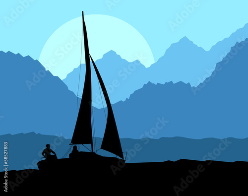 Yacht sailing vector background concept in front of mountains