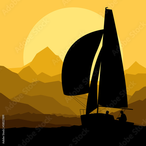 Yacht sailing vector background concept in front of mountains
