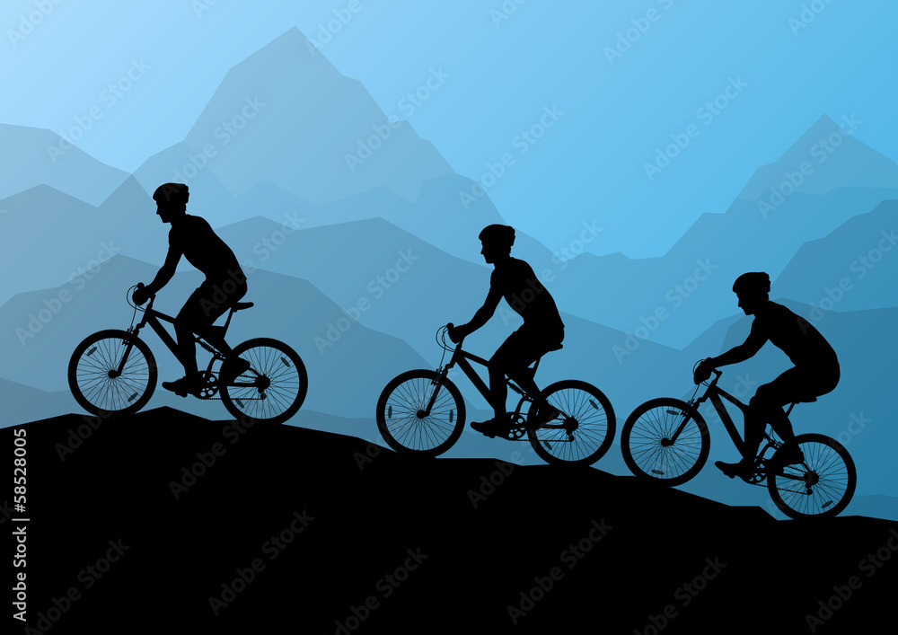 Active men cyclists bicycle riders in wild mountain nature lands