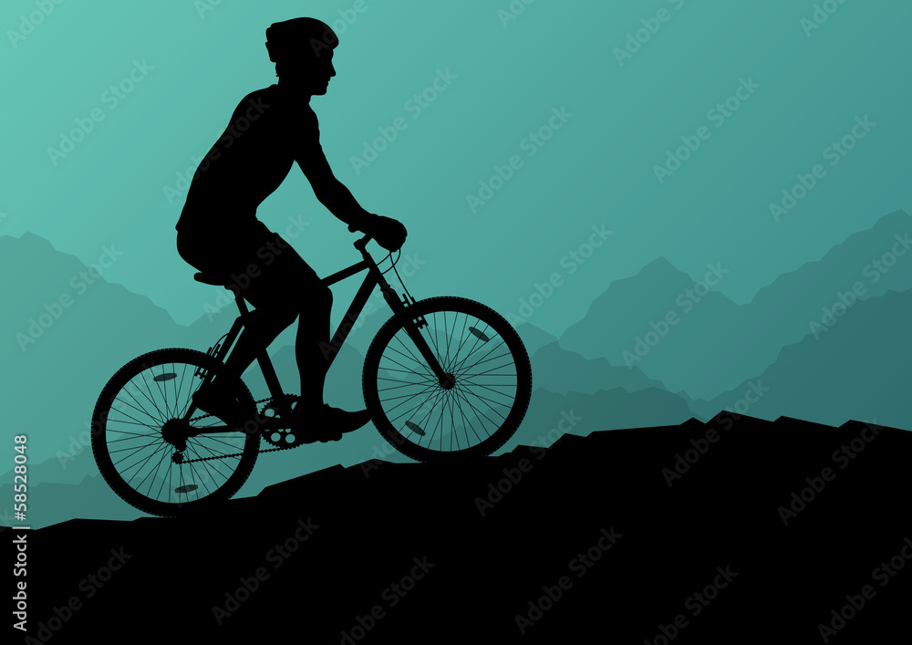 Obraz premium Active cyclists bicycle riders in wild mountain nature landscape