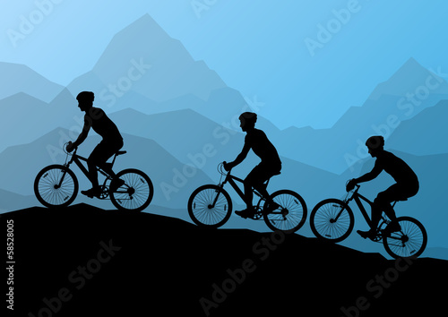 Active men cyclists bicycle riders in wild mountain nature lands