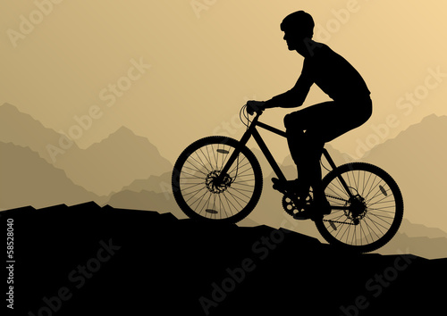 Active cyclists bicycle riders in wild mountain nature landscape