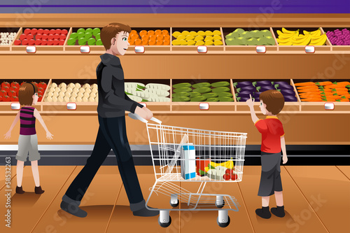 Father and his kids doing grocery shopping