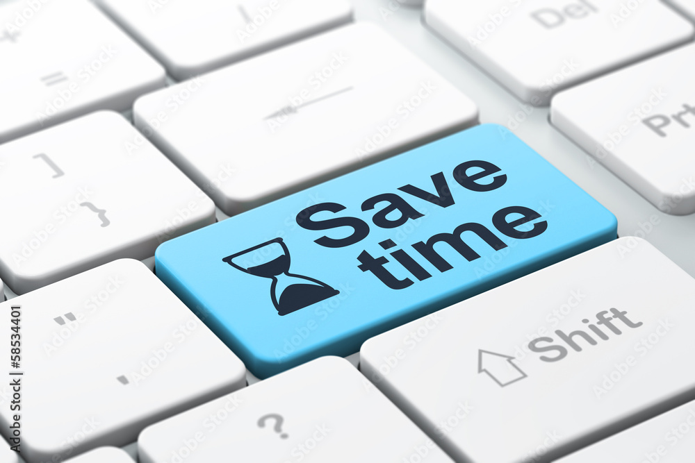 Time concept: Hourglass and Save Time on keyboard background Time concept: Hourglass and Save Time on keyboard background