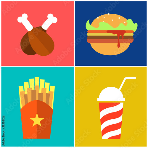 Fast Food: hamburger sandwich, potato fries, drink, chicken