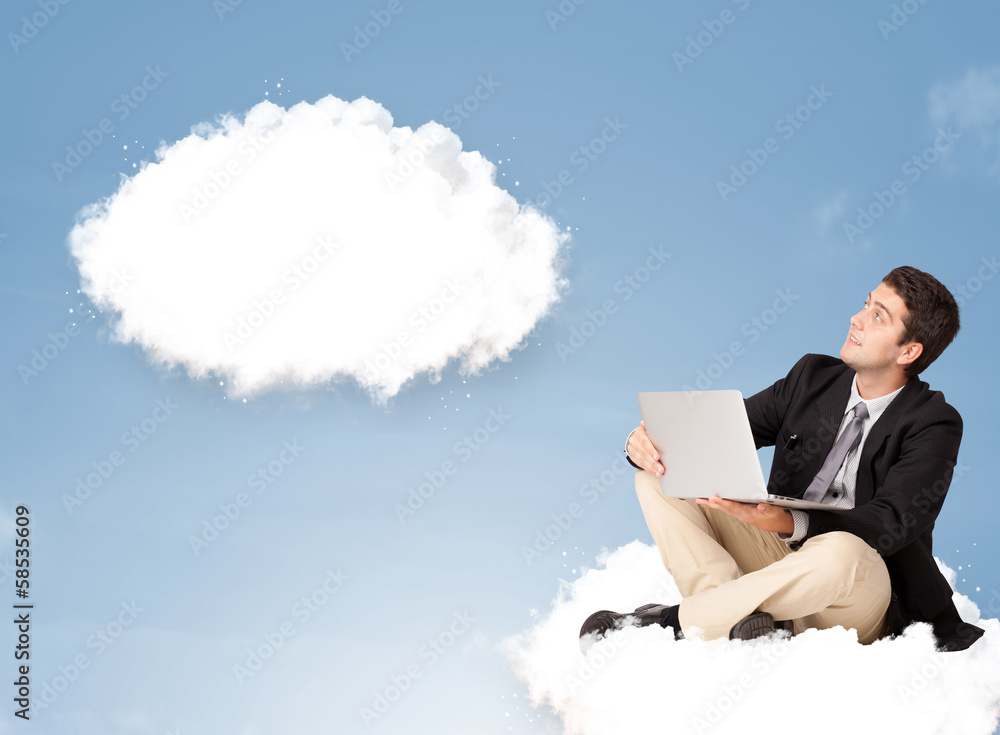 Handsome man sitting on cloud and thinking of abstract speech bu