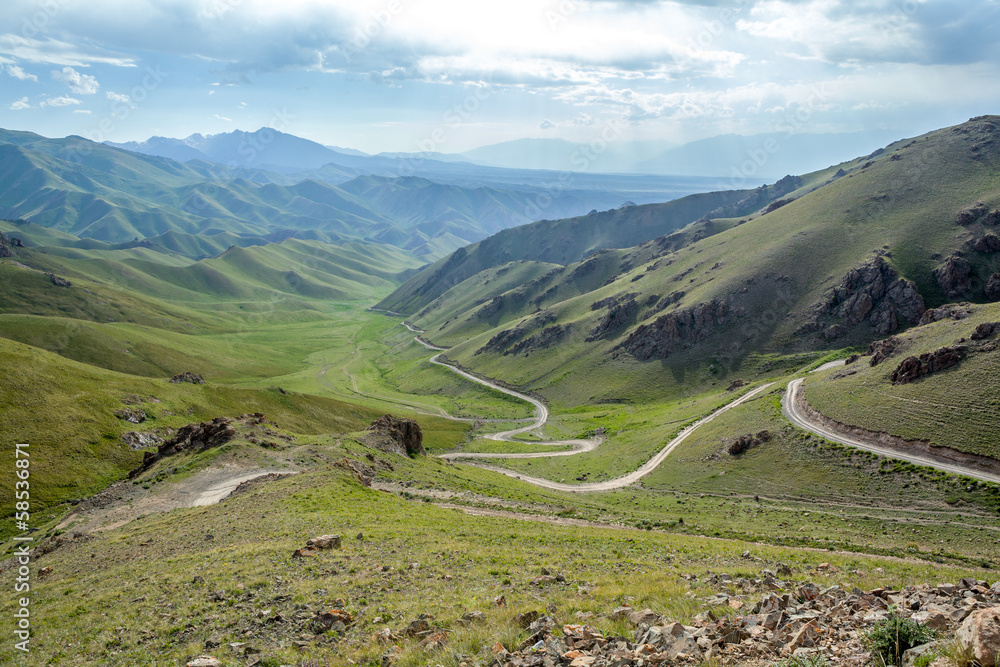 Serpentine mountain road in Kyrgyzstan