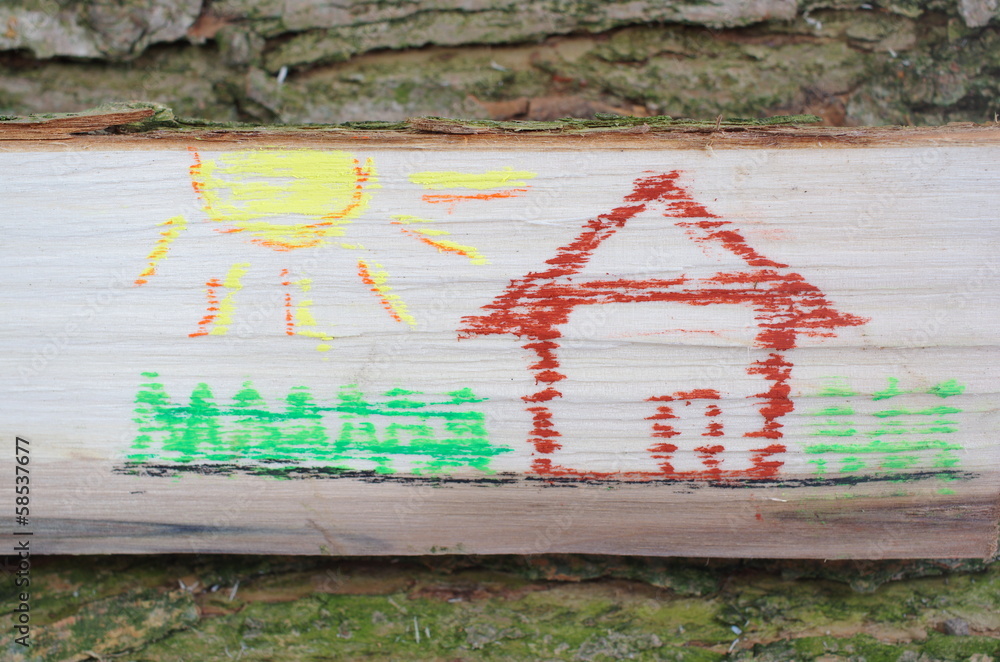 Dom narysowany na kawałku drewna - obrazy, fototapety, plakaty 