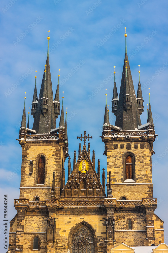 Church of Our Lady before Tyn in evening in Prague,