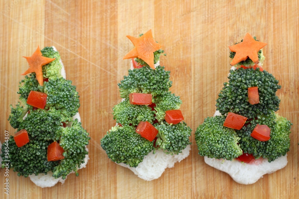 Christmas tree of bread  broccoli and tomatoes