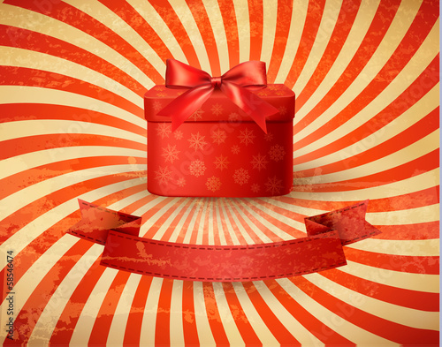Vintage holiday background with red gift box. Vector illustratio