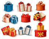 Set of colorful retro gift boxes with bows and ribbons. Vector i