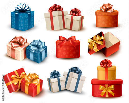 Set of colorful retro gift boxes with bows and ribbons. Vector i photo