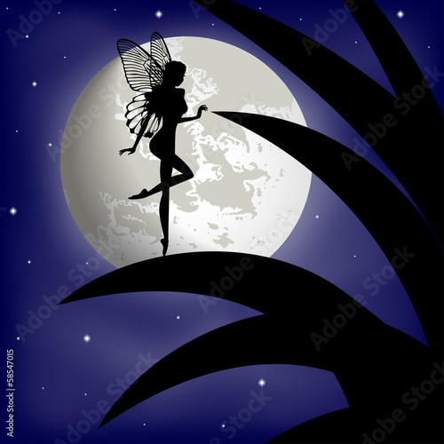 Silhouette fairy girl on a background with the moon