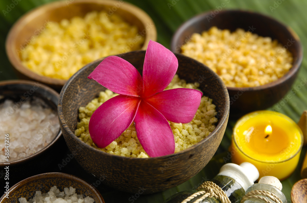 Green fresh banana leaf texture and spa setting Green fresh banana leaf texture and spa setting