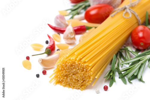 spaghetti, spices and herbs, isolated
