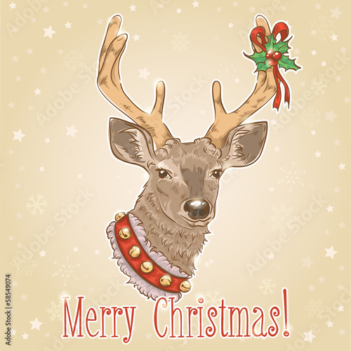 Christmas vintage postcard with deer