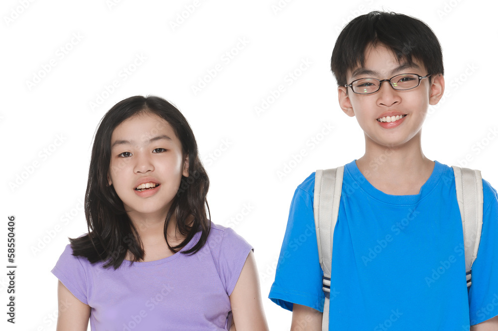 happy brother and sister studio portrait on white background happy brother and sister studio portrait on white background
