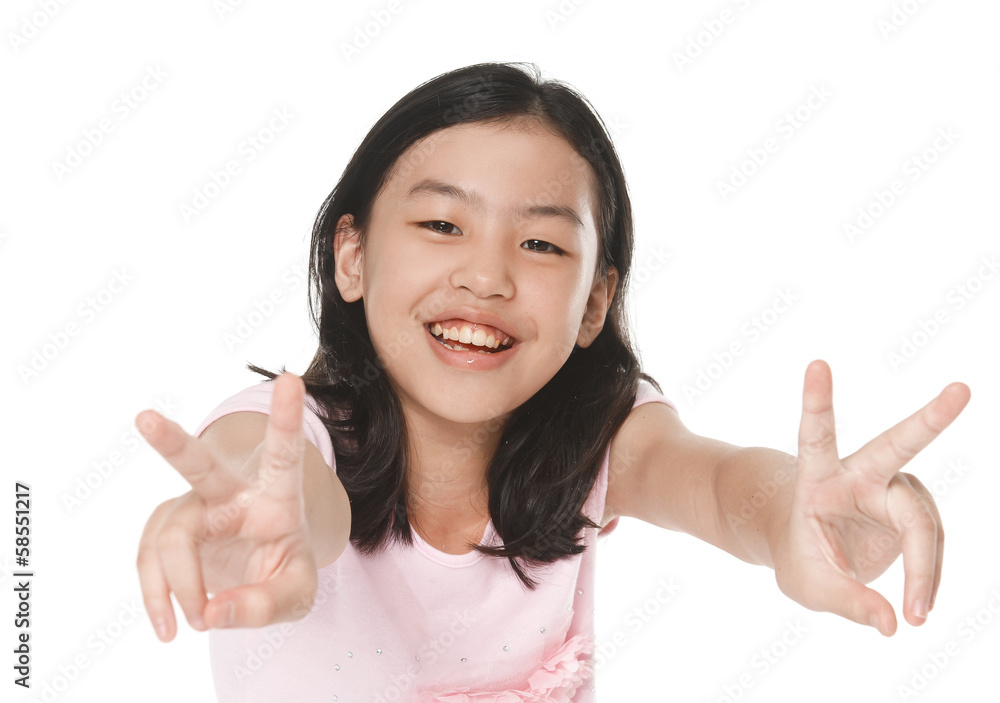 bright picture of lovely girl showing victory sign bright picture of lovely girl showing victory sign