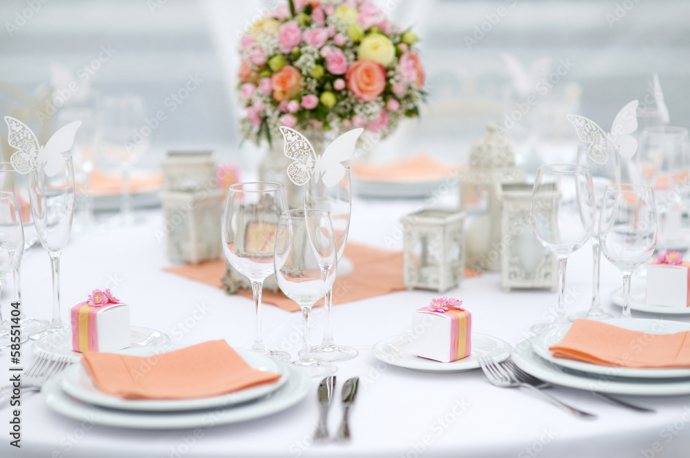 Table set for an event party or wedding reception Table set for an event party or wedding reception