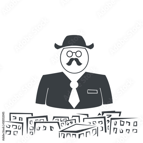 illustration of silhouette businessman with moustache above cit