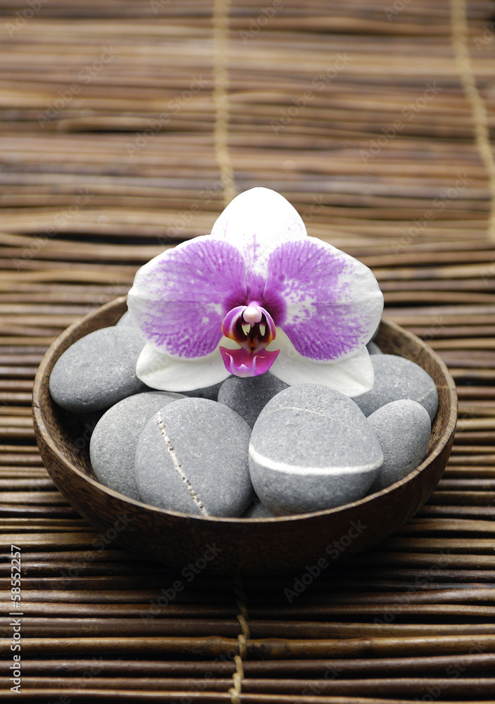 gorgeous orchid with gray stones in wooden bowl on mat gorgeous orchid with gray stones in wooden bowl on mat