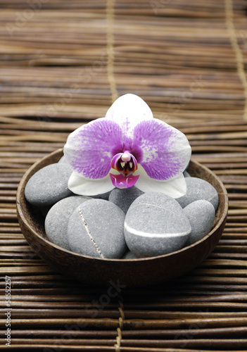 gorgeous orchid with gray stones in wooden bowl on mat