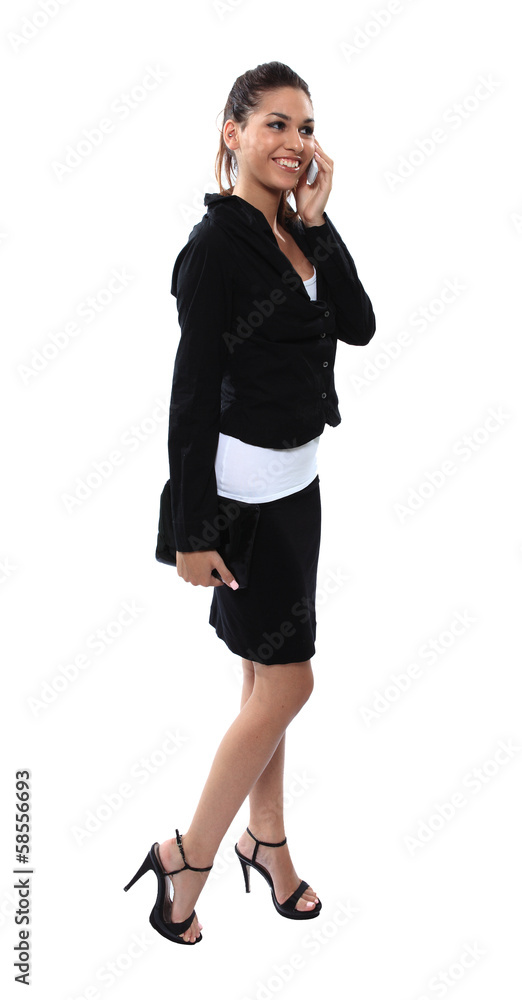 Briliant business girl with wallet bag and phone calling Briliant business girl with wallet bag and phone calling