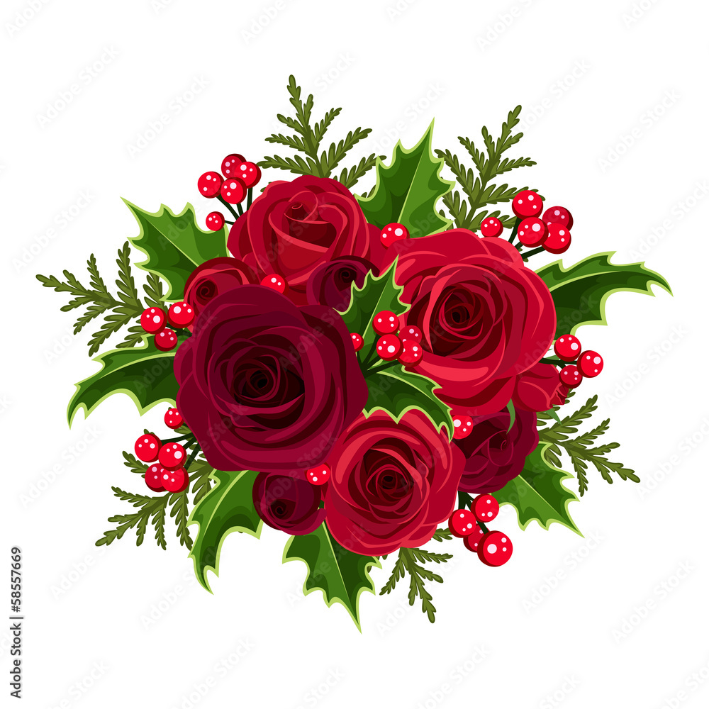 Christmas bouquet with roses and holly. Vector illustration.