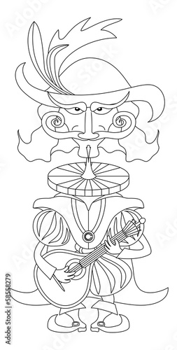 Noble cavalier with mandolin, outline