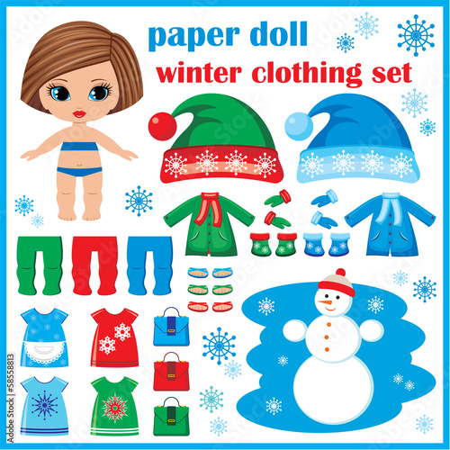 Paper doll with winter clothes set.