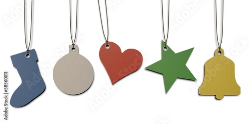 five colored paper tags shaped in Christmas theme