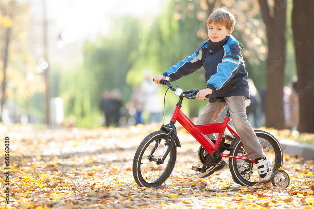 Happy boy with bicycle in the autumn park Happy boy with bicycle in the autumn park