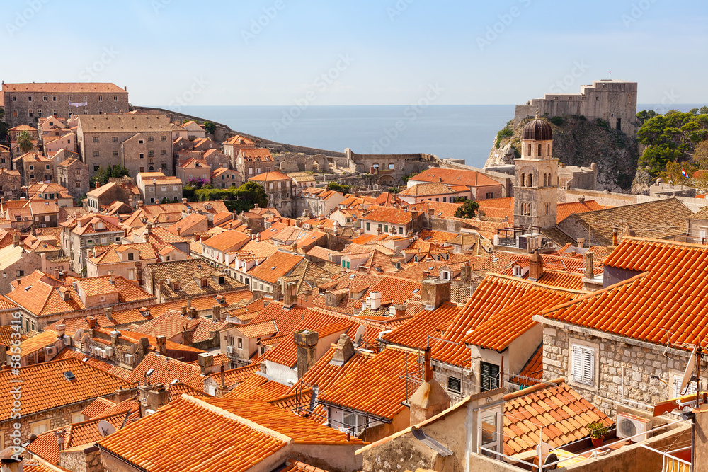 Dubrovnik rooftops with Adriatic Sea as background