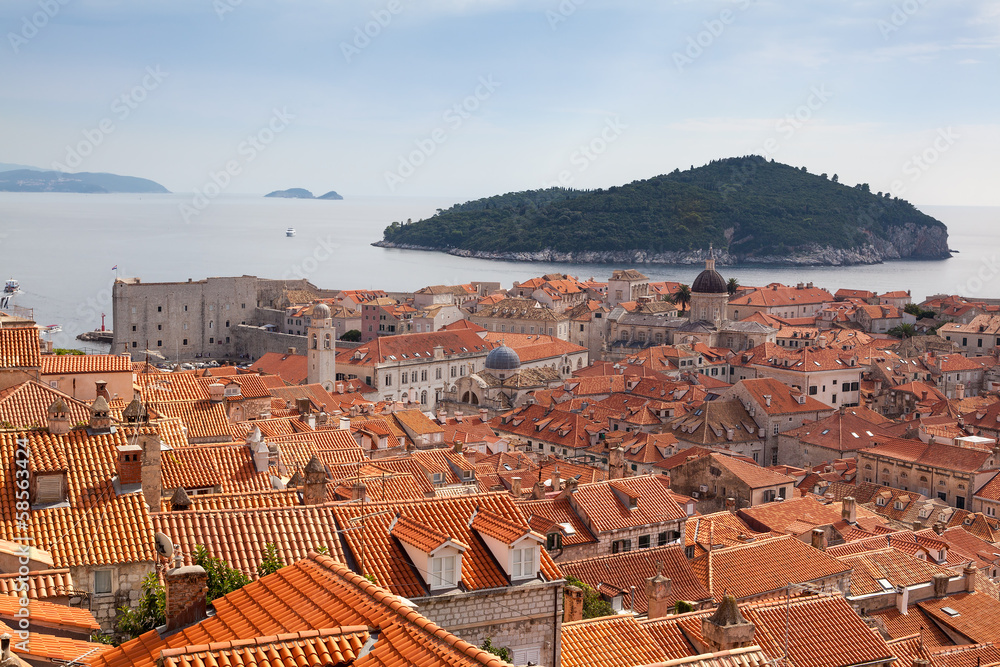 Dubrovnik rooftops with Adriatic Sea as background