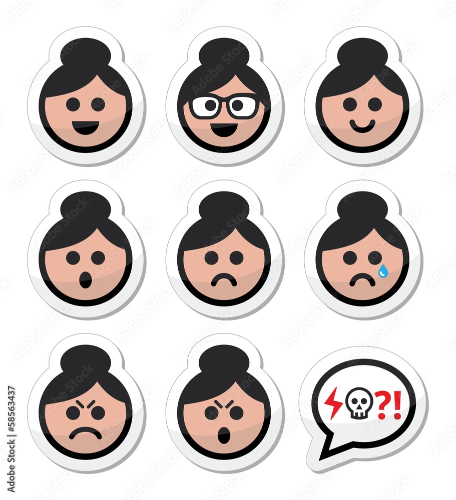 Grandma face, woman with bun hair vector icons set