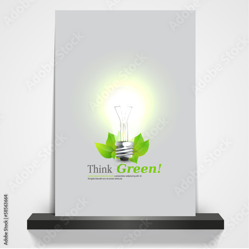 printable green eco magazine or flyer cover, 3d Light Bulb illus