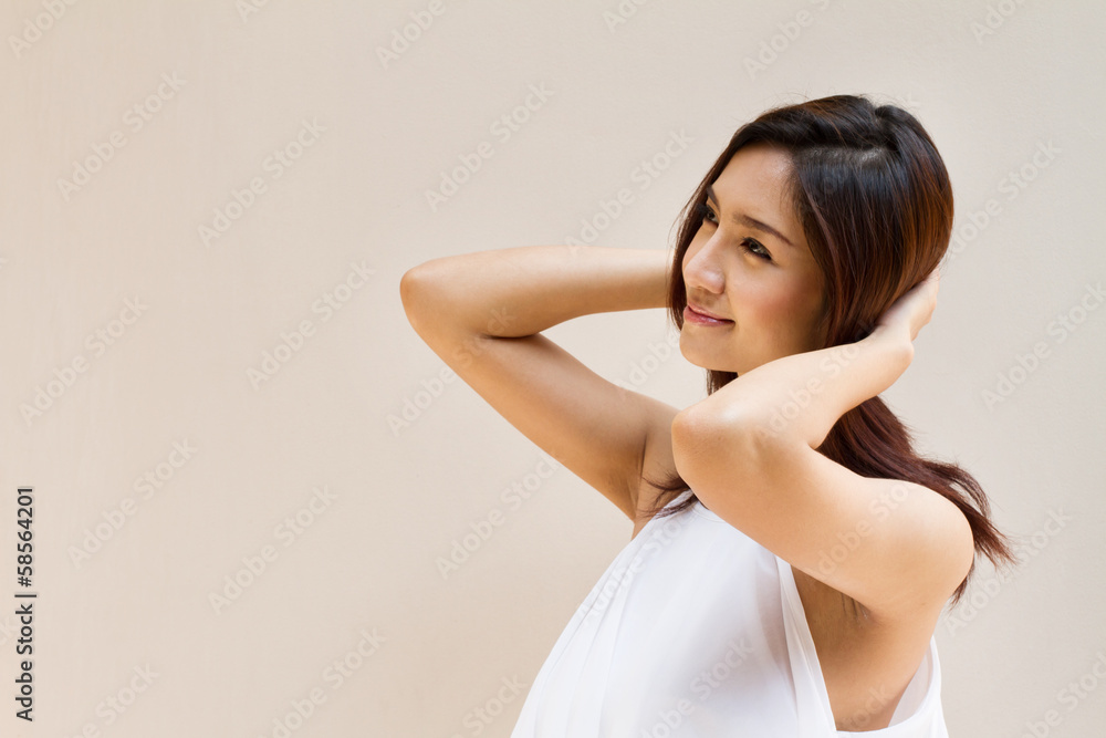 happy and relax woman looking at blank background, with space happy and relax woman looking at blank background, with space