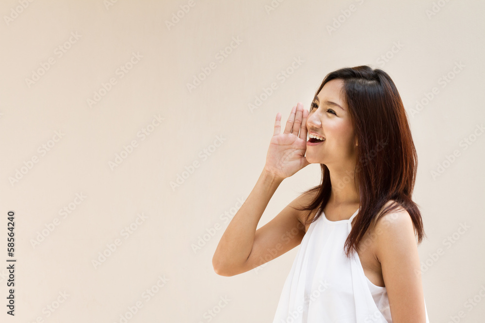 smiling happy woman, speak, shout, announce, communicate with bl smiling happy woman, speak, shout, announce, communicate with bl