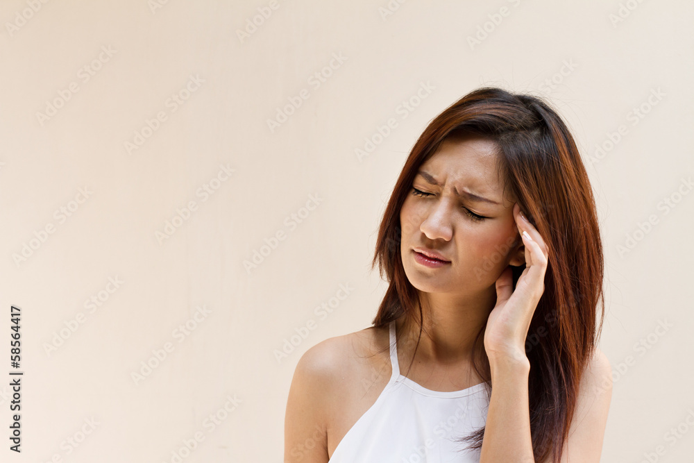 woman with headache, migraine, stress, insomnia, hangover in cas woman with headache, migraine, stress, insomnia, hangover in cas