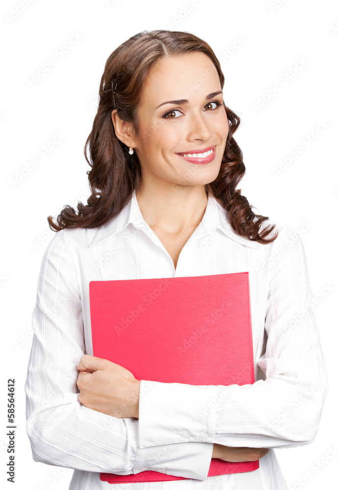 Smiling businesswoman with red folder, on white Smiling businesswoman with red folder, on white